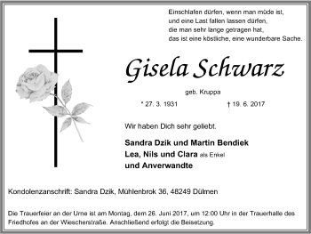 Traueranzeige von Gisela Schwarz von Wochenblatt Herne/Wanne-Eickel