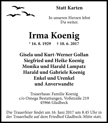 Traueranzeige von Irma Koenig von Stadtspiegel Gladbeck