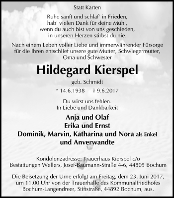 Traueranzeige von Hildegard Kierspel von Stadtspiegel Bochum