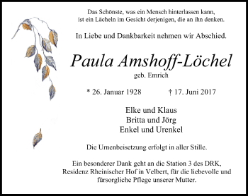 Traueranzeige von Paula Amshoff-Löchel von Stadtanzeiger Velbert + Heiligenhaus