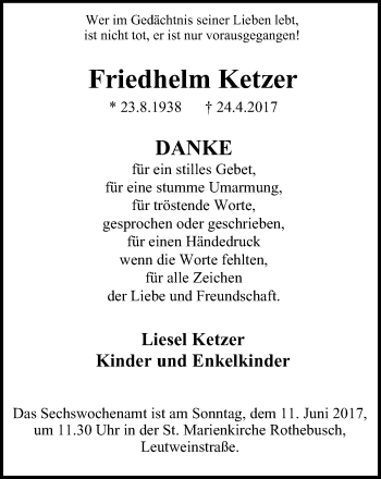 Traueranzeige von Friedhelm Ketzer von Wochen-Anzeiger Oberhausen