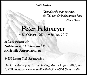 Traueranzeige von Peter Feldmeyer von Lüner Anzeiger