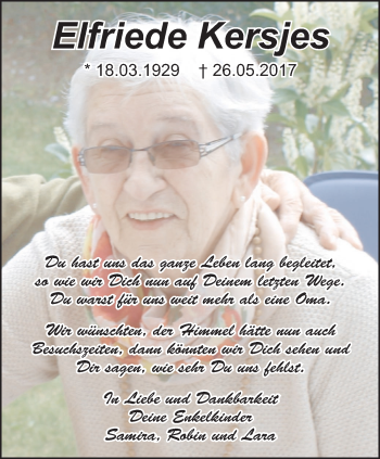 Traueranzeige von Elfriede Kersjes von Klever Wochenblatt