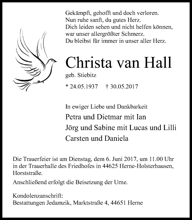  Traueranzeige für Christa van Hall vom 03.06.2017 aus Wochenblatt Herne/Wanne-Eickel