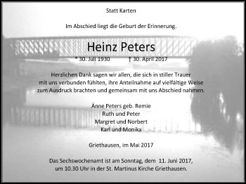 Traueranzeige von Heinz Peters von Klever Wochenblatt