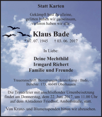 Traueranzeige von Klaus Bade von Wochen-Anzeiger Oberhausen