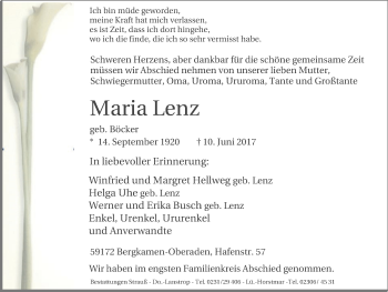 Traueranzeige von Maria Lenz von Lüner Anzeiger