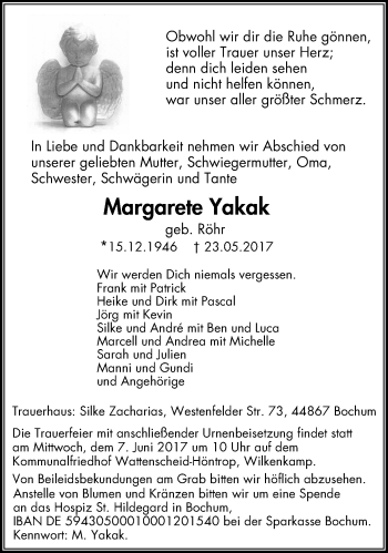 Traueranzeige von Margarete Yakak von Stadtspiegel Wattenscheid