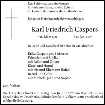 Traueranzeige von Karl Friedrich Caspers von Stadtanzeiger Velbert + Heiligenhaus