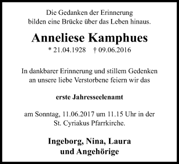 Traueranzeige von Anneliese Kamphues von Stadtspiegel Bottrop