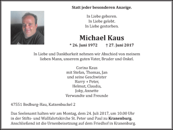 Traueranzeige von Michael Kaus von Klever Wochenblatt