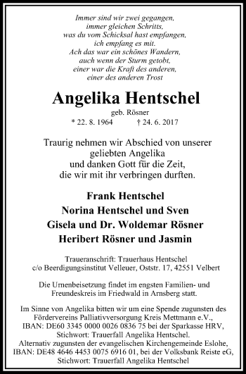 Traueranzeige von Angelika Hentschel von Stadtanzeiger Velbert + Heiligenhaus