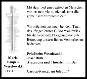 Traueranzeige von Maria Faupel-Wesolowski von Stadtanz.Castrop-Rauxel