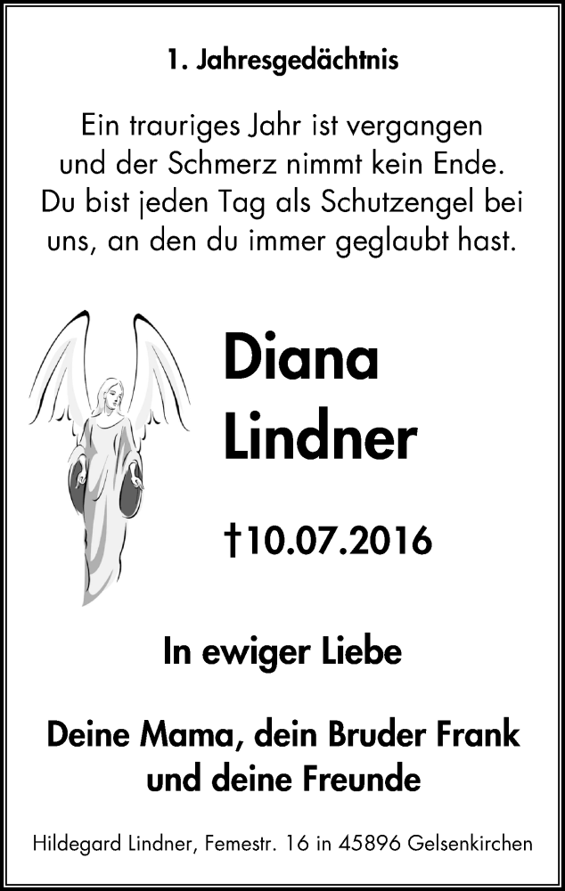  Traueranzeige für Diana Lindner vom 08.07.2017 aus Stadtspiegel Gelsenkirchen