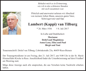 Traueranzeige von Lambert  van Tilburg von Stadtanzeiger Emmerich/Rees/Isselburg