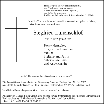 Traueranzeige von Siegfried Lünenschloß von Stadtspiegel Hattingen/Niedersprockhövel