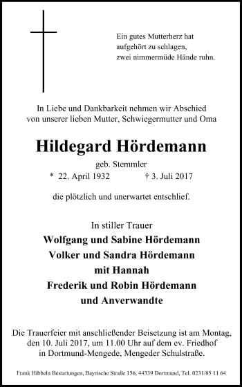 Traueranzeige von Hildegard Hördemann von Stadtanz.Castrop-Rauxel