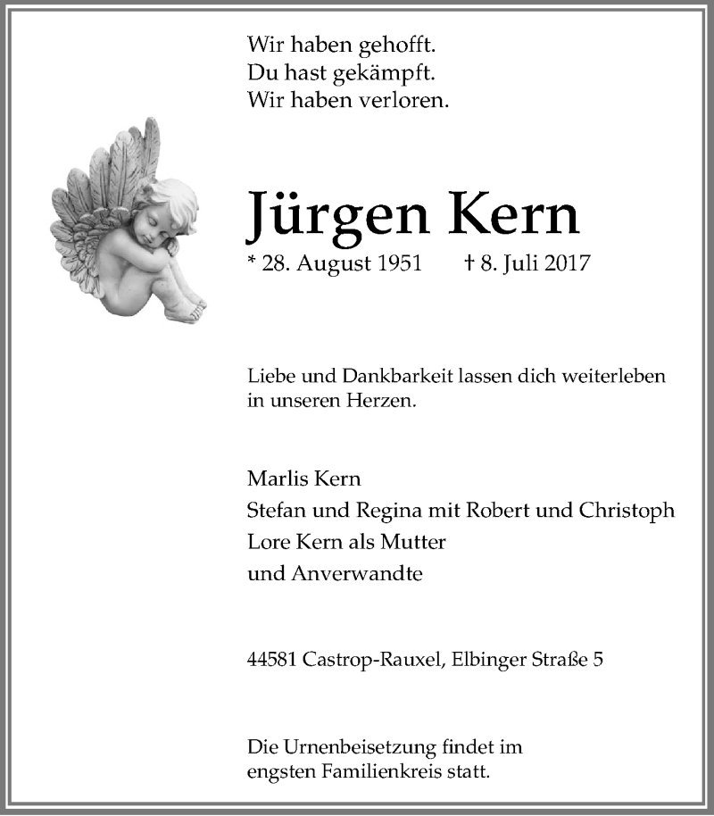 Traueranzeige für Jürgen Kern vom 12.07.2017 aus Stadtanz.Castrop-Rauxel