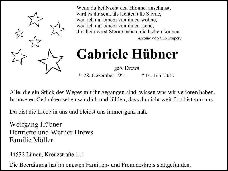  Traueranzeige für Gabriele Hübner vom 15.07.2017 aus Lüner Anzeiger