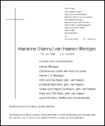 Traueranzeige von Marianne  van Haaren-Wentges von Stadtanzeiger Emmerich/Rees/Isselburg
