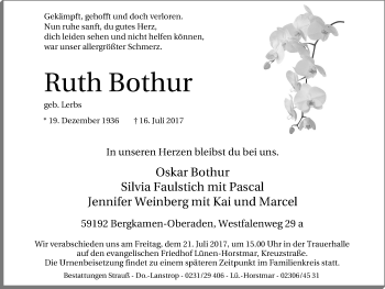 Traueranzeige von Ruth Bothur von Lüner Anzeiger