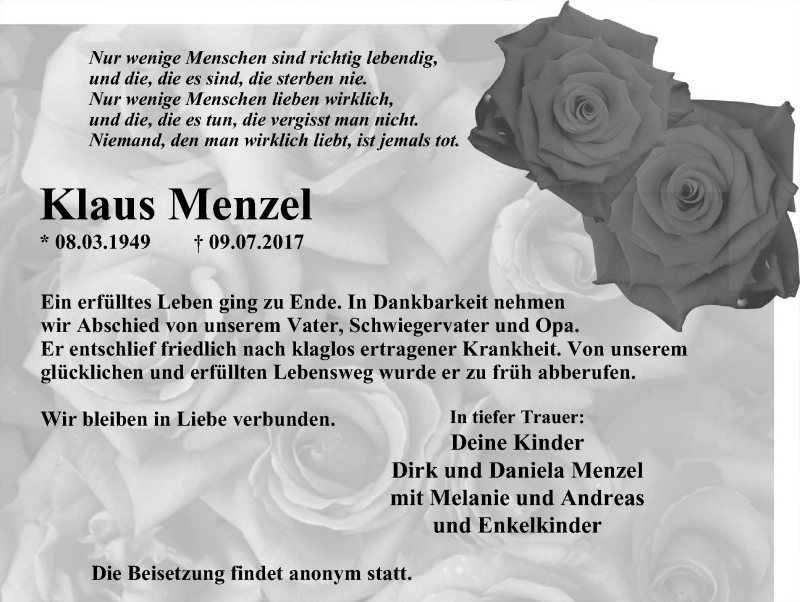  Traueranzeige für Klaus Menzel vom 15.07.2017 aus Stadtspiegel Wattenscheid