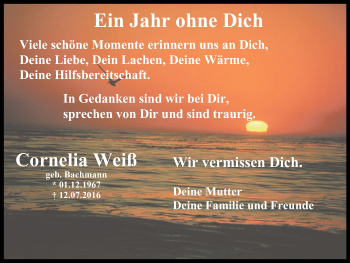 Traueranzeige von Cornelia Weiß von Stadtspiegel Gladbeck