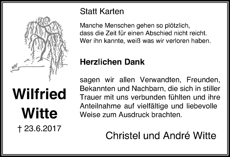  Traueranzeige für Wilfried Witte vom 22.07.2017 aus Lüner Anzeiger
