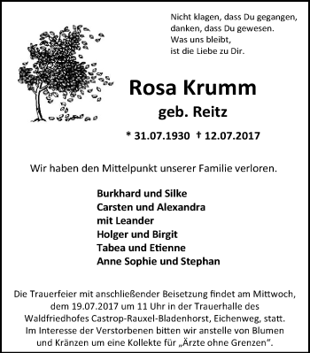 Traueranzeige von Rosa Krumm von Stadtanz.Castrop-Rauxel