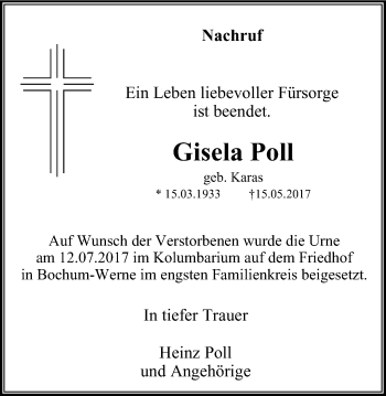 Traueranzeige von Gisela Poll von Stadtspiegel Bochum