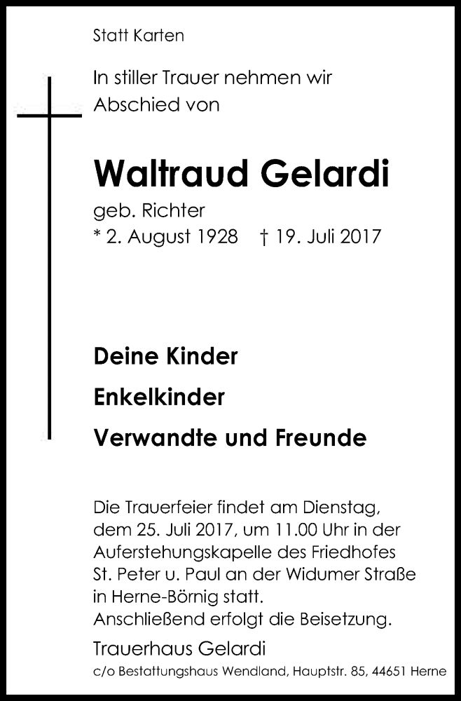  Traueranzeige für Waltraud Gelardi vom 22.07.2017 aus Wochenblatt Herne/Wanne-Eickel