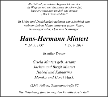 Traueranzeige von Hans-Hermann Mintert von Stadtanzeiger Velbert + Heiligenhaus