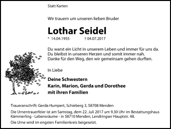 Traueranzeige von Lothar Seidel von Stadtspiegel Menden + Froendenberg