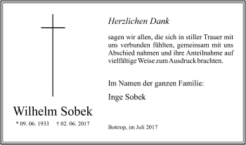 Traueranzeige von Wilhelm Sobek von Stadtspiegel Bottrop