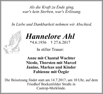 Traueranzeige von Hannelore Ahl von Stadtanz.Castrop-Rauxel