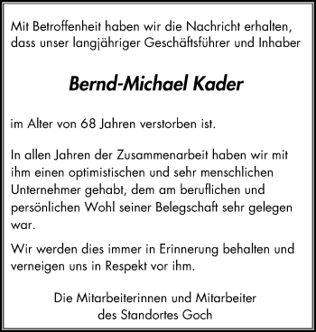 Traueranzeige von Bernd-Michael Kader von Klever + Gocher Wochenblatt