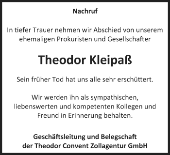 Traueranzeige von Theodor Kleipaß von Stadtanzeiger Emmerich/Rees/Isselburg + Klever Wochenblatt