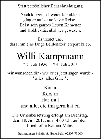 Traueranzeige von Willi Kampmann von Stadtspiegel Kamen + Unna