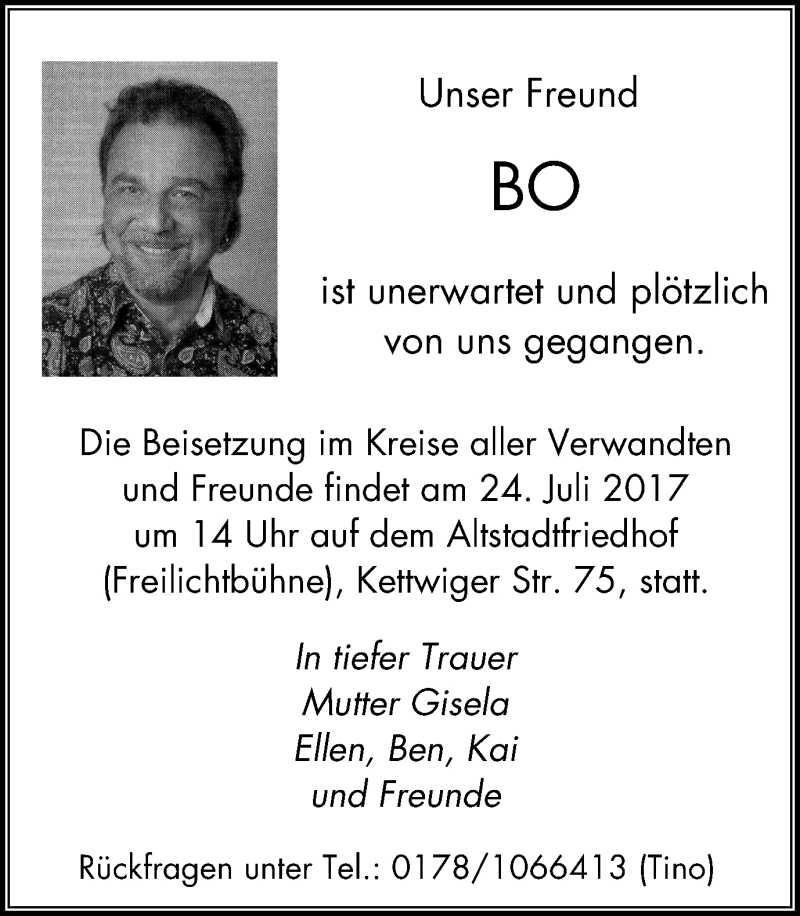  Traueranzeige für Bo  vom 19.07.2017 aus Mülheimer Woche