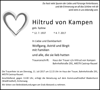 Traueranzeige von Hiltrud von Kampen von Stadtanz.Castrop-Rauxel