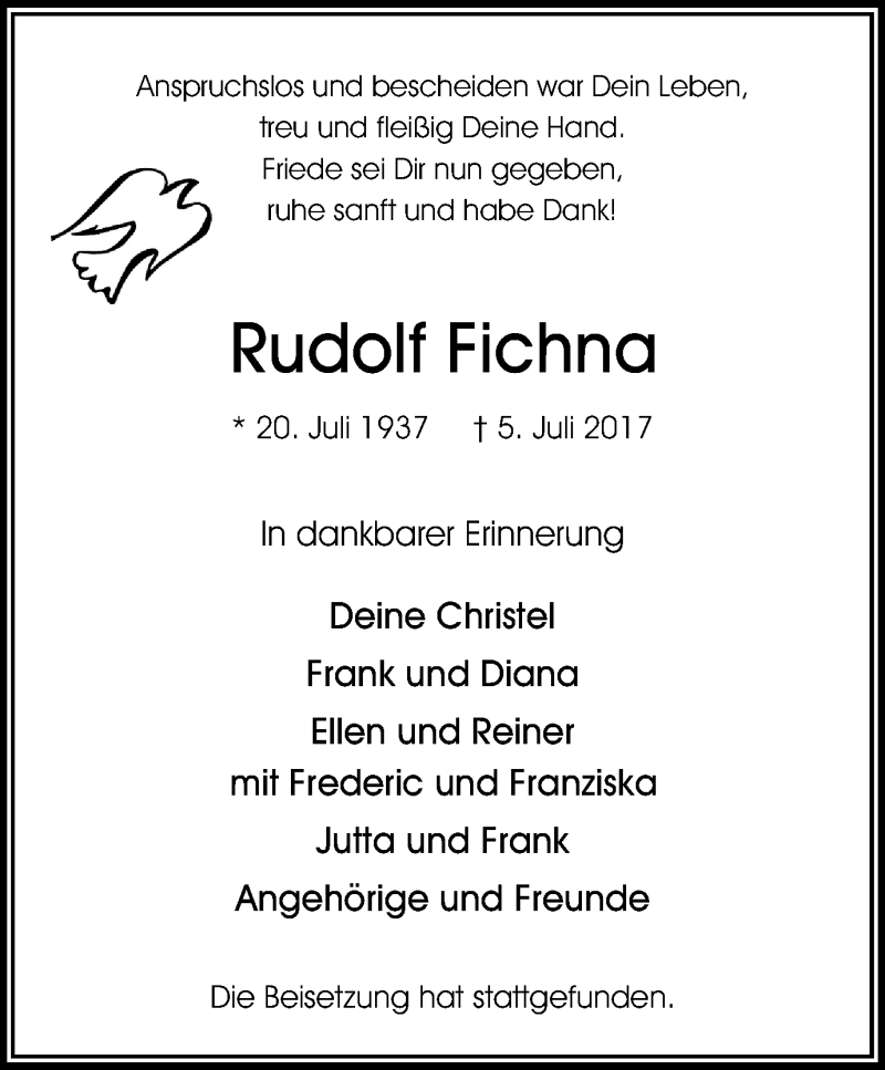  Traueranzeige für Rudolf Fichna vom 12.07.2017 aus Stadtspiegel Bottrop
