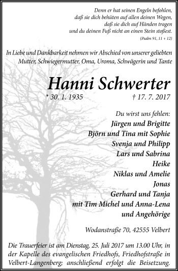 Traueranzeige von Hanni Schwerter von Stadtanzeiger Velbert + Heiligenhaus