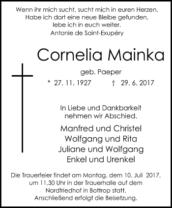 Traueranzeige von Cornelia Mainka von Stadtspiegel Bottrop