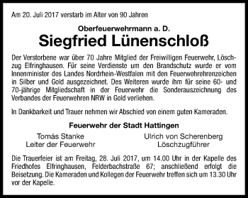Traueranzeige von Siegfried Lünenschloß von Stadtspiegel Hattingen/Niedersprockhövel