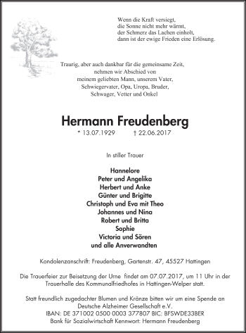 Traueranzeige von Hermann Freudenberg von Stadtspiegel Hattingen/Niedersprockhövel