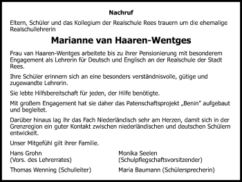 Traueranzeige von Marianne  van Haaren-Wentges von Stadtanzeiger Emmerich/Rees/Isselburg