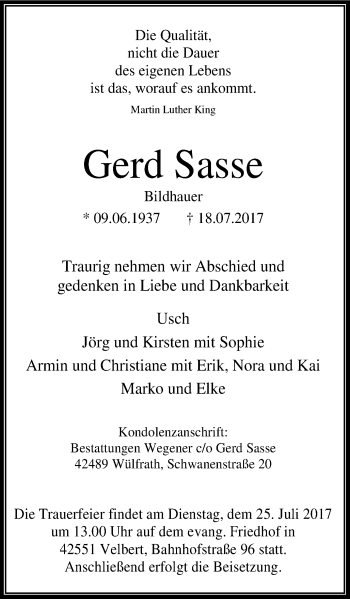 Traueranzeige von Gerd Sasse von Stadtanzeiger Velbert + Heiligenhaus
