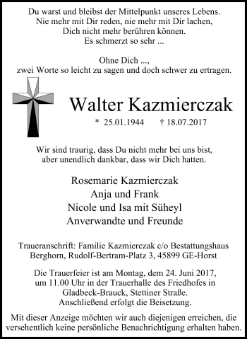 Traueranzeige von Walter Kazmierczak von Stadtspiegel Gladbeck