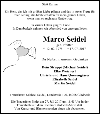 Traueranzeige von Marco Seidel von Stadtspiegel Gladbeck