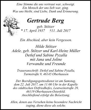 Traueranzeige von Gertrude Berg von Wochen-Anzeiger Oberhausen